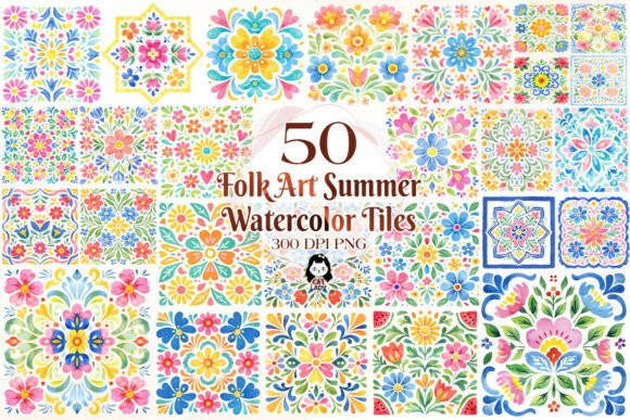 Download Abstract Folk Art Summer Watercolor Tile - Summer Collection